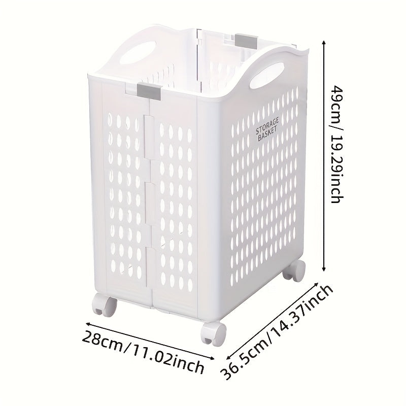 One piece of a large collapsible wheeled laundry basket made of portable plastic, perfect for dorms and bathrooms. Ideal for storing dirty clothes and other laundry items.