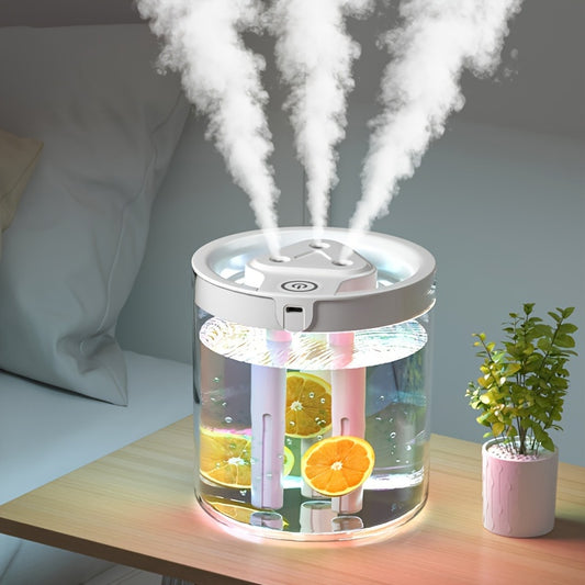 Compact ultrasonic humidifier with face steamer, USB-powered, plastic material, low voltage, designed for home and office use.