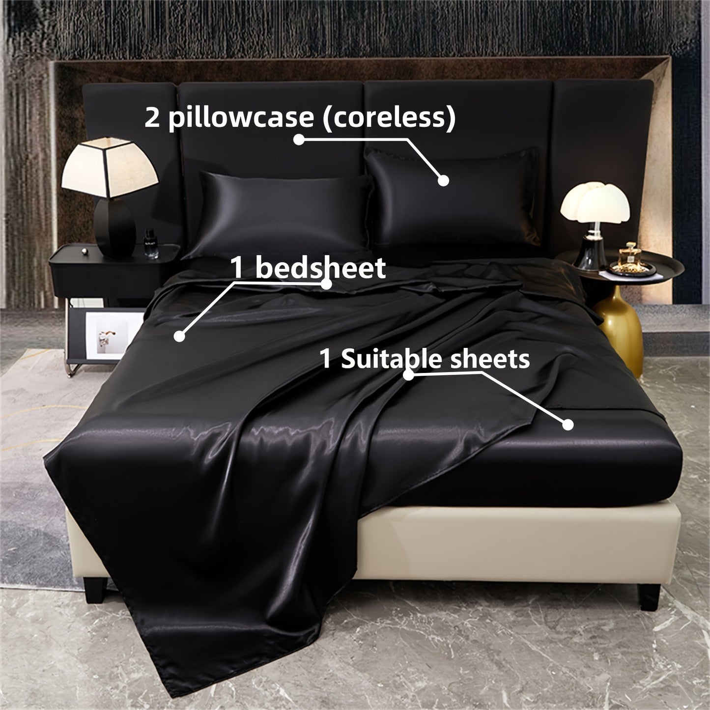 Indulge in the opulence of our 4-piece 80g Light Luxury Silky Satin Bedding Set. This set includes 1 Fitted Sheet, 1 Flat Sheet, and 2 Pillowcases, perfect for elevating your home bedroom, guest room, or hotel. Experience the ultimate in quality and