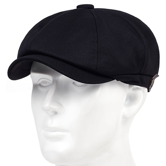 Men's black polyester beret hat with adjustable strap and metal buckle, stylish and comfortable for fall/winter casual wear.