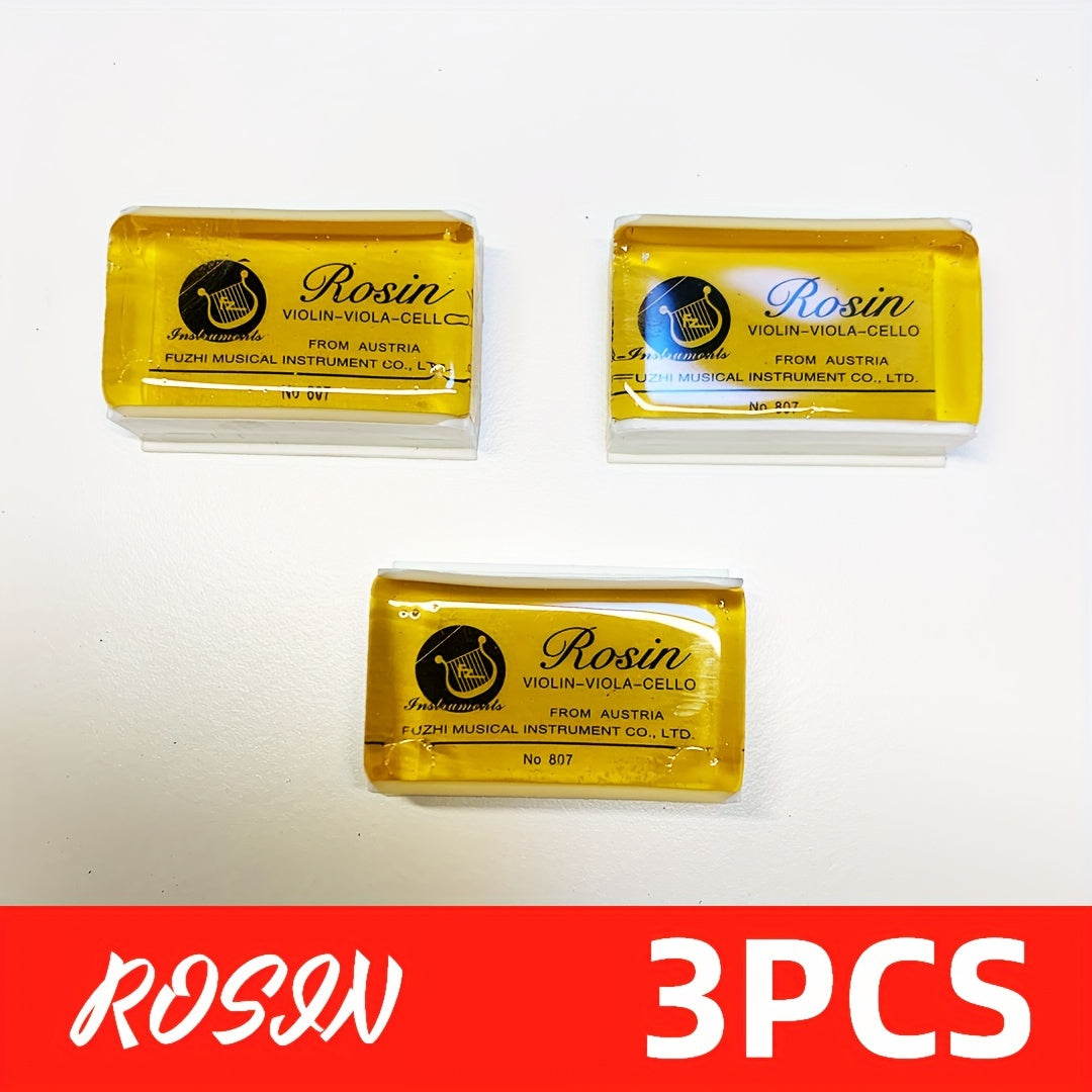 Pack of 3 rosin for various string instruments enhances sound quality.