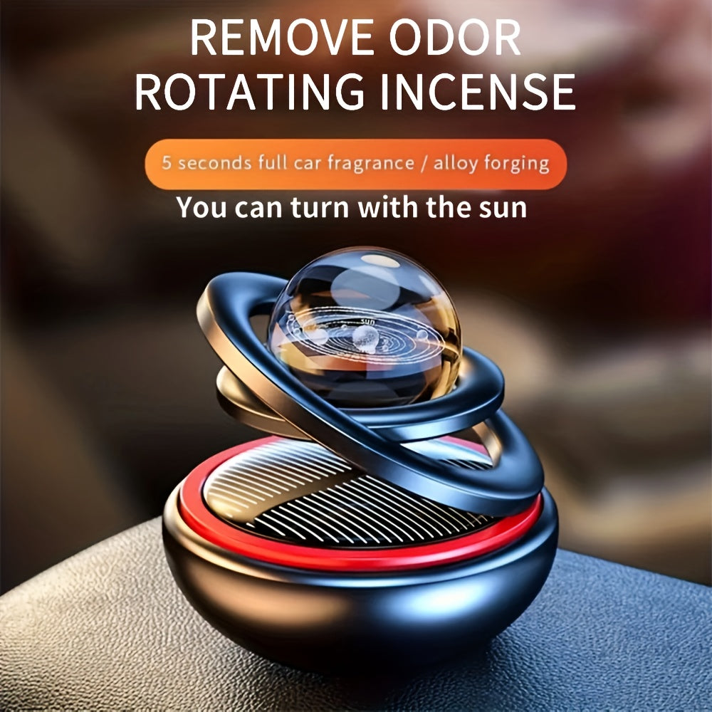 Solar-powered rotating car air freshener with original scented perfume for decoration and aromatreatment in car interiors, suitable for both men and women.