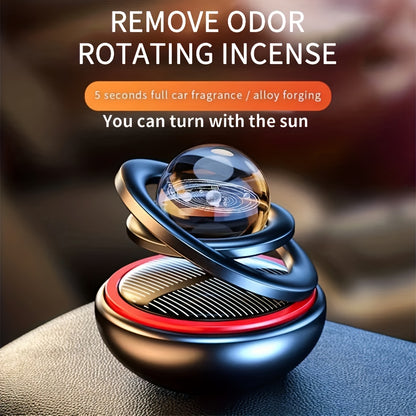 Solar-powered rotating car air freshener with original scented perfume for decoration and aromatreatment in car interiors, suitable for both men and women.