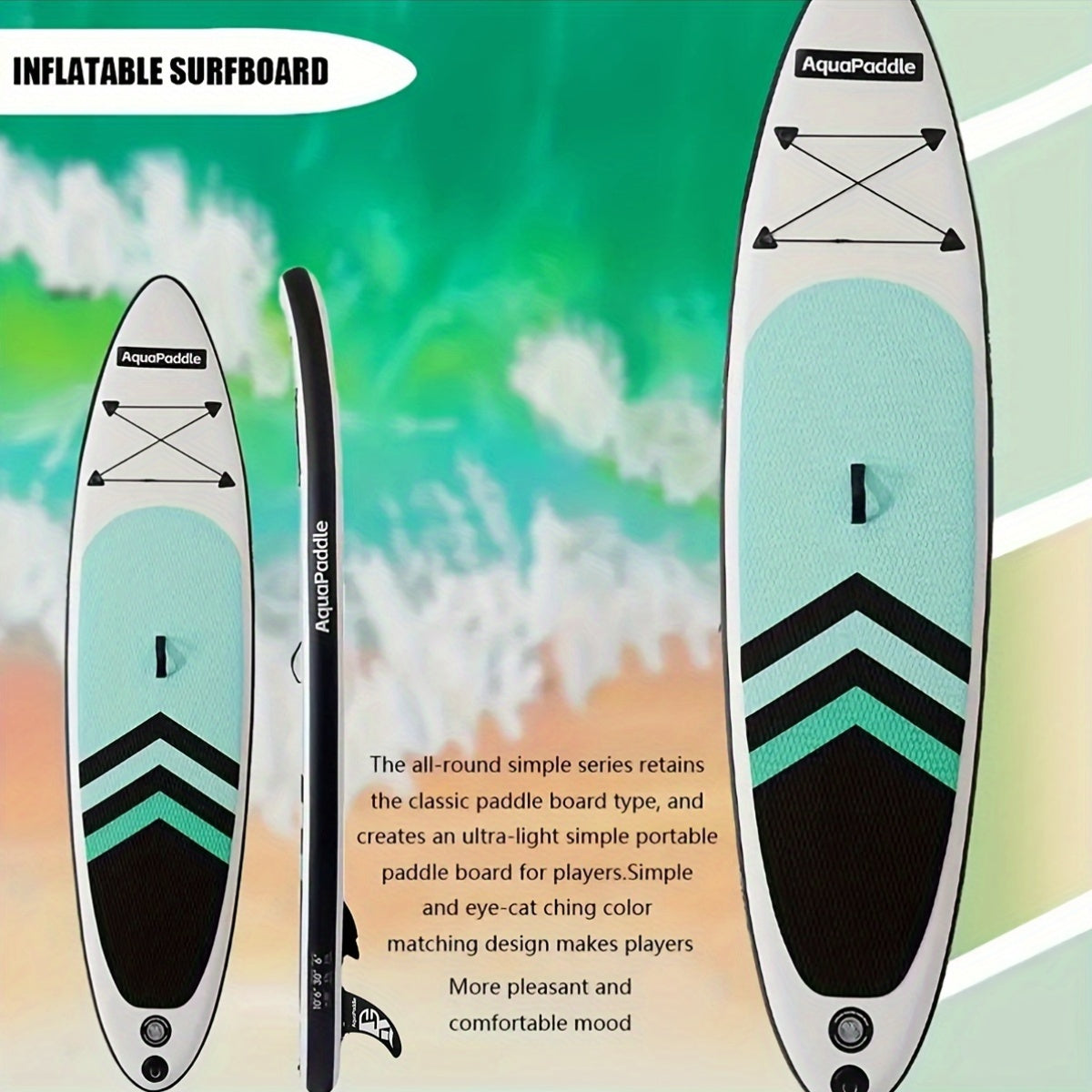 Thickened, double layer inflatable paddleboard made of PVC for beginners in mixed color. Suitable for stand-up paddle surfing, SUP yoga, and leisure sports.