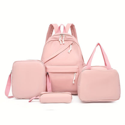 Set of 4 backpacks, cross body bag, handbag, and pen bag in classic solid colors. Suitable for both women and men for casual travel with large capacity. Ideal for schoolgirls and students