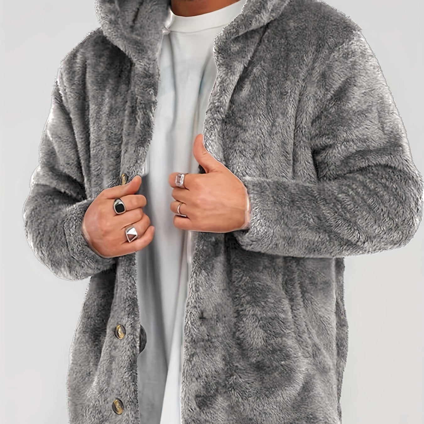 Warm and cozy brown faux fur hooded cardigan with button pockets for men, perfect for fall and winter. Comfortable and casual plus size outerwear in plush polyester.