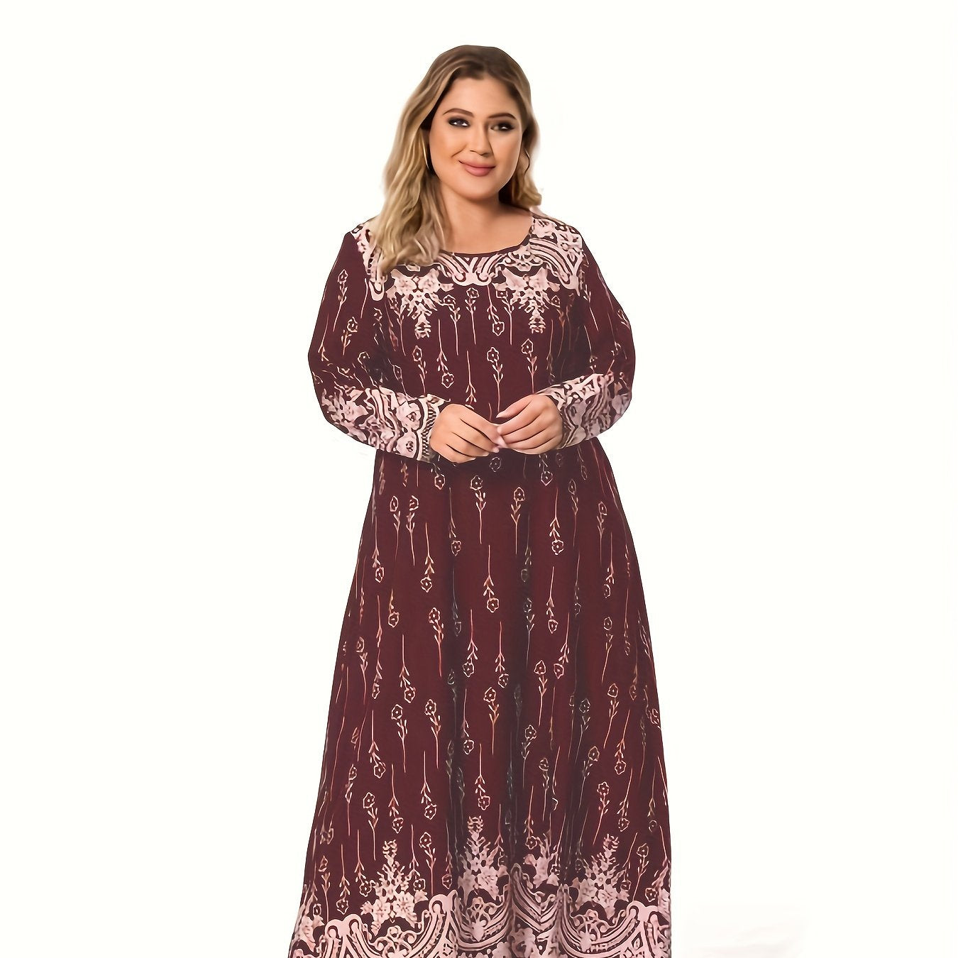 Plus size casual dress for Ramadan with floral print, long sleeves, and round neck.