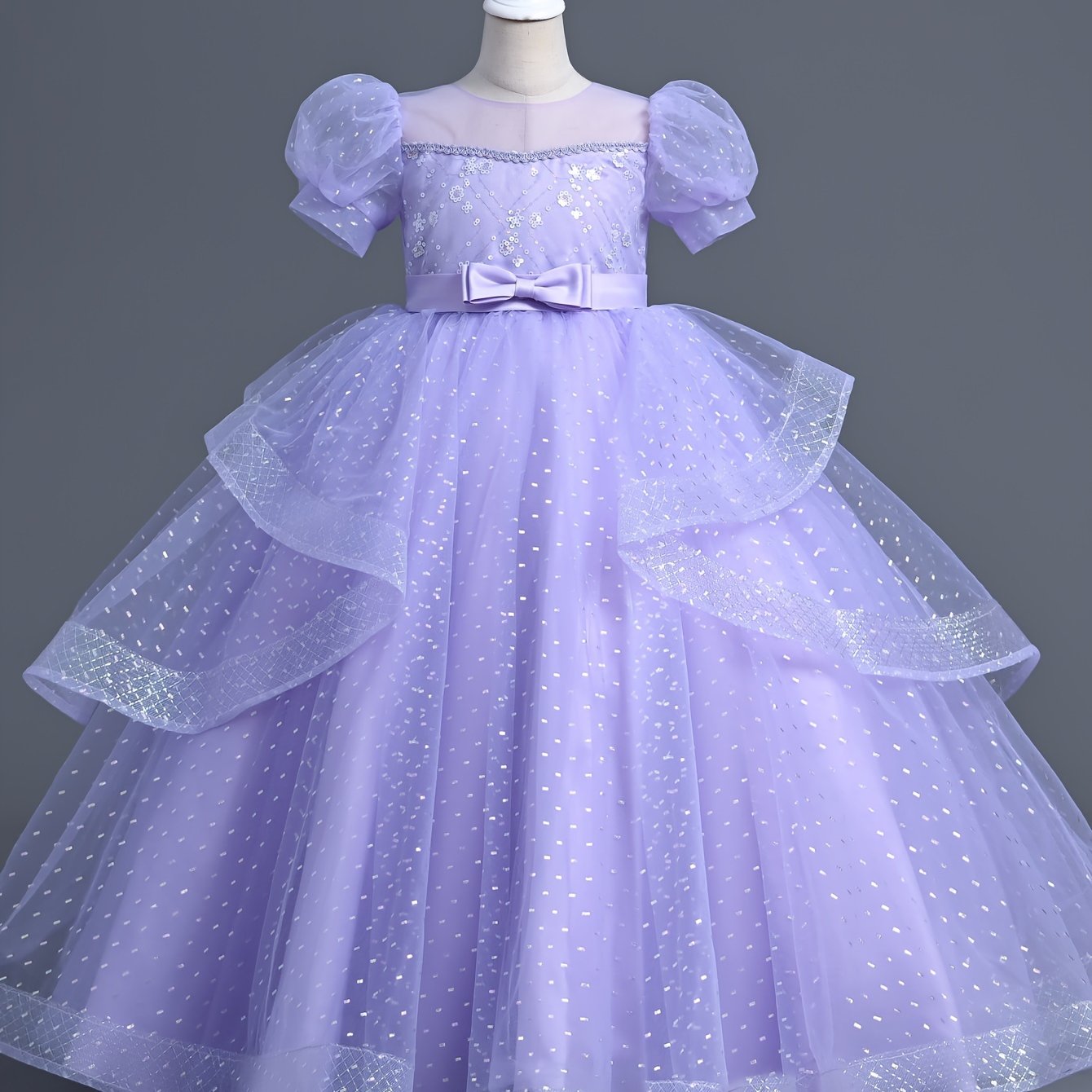 Polyester ball gown dress for girls, featuring a solid color tent silhouette with contrast mesh, crew neck, lantern short sleeves, non-stretch fabric, includes belt. Perfect for all-season