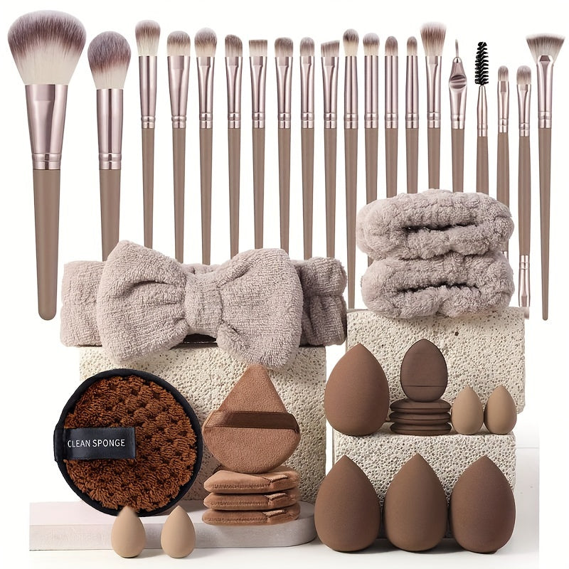 A 20/40 piece makeup tool set with various specifications available. Includes 20 high-quality makeup brushes, headband, wristbands, makeup remover puff, velour puffs, finger puffs, large