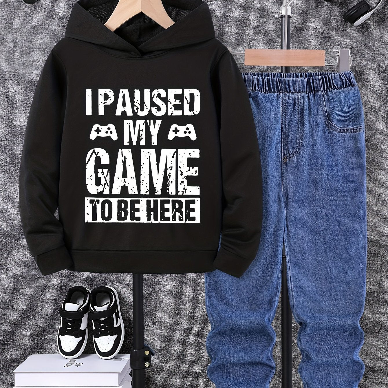 Boys' casual two-piece set with letter print sweatshirt and jeans, ideal for outdoor wear.