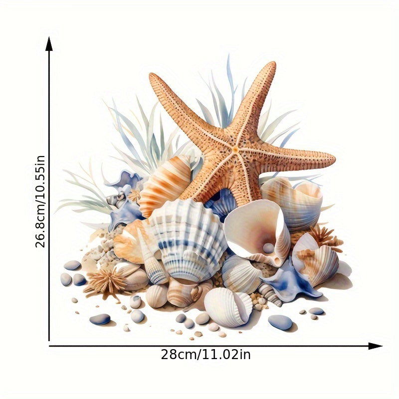 Waterproof toilet sticker with oceanic design: starfish and seashell, self-adhesive PVC, matte finish. Perfect for bathroom decor, easy application on tank and lid. Great Christmas or Halloween gift decoration.