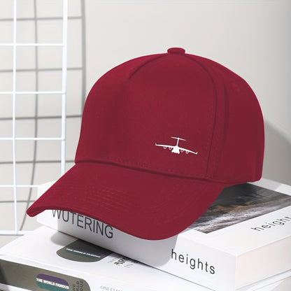 Cotton-poly blend baseball cap with transport plane embroidery - casual, lightweight, hand washable, unisex for daily commute and outdoor activities.