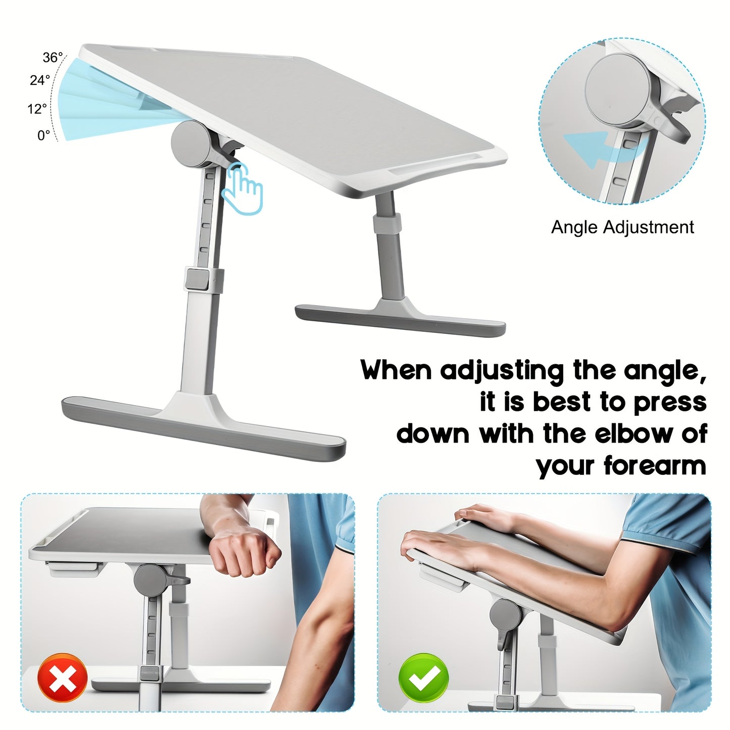 Adjustable folding bed tray with drawers, ideal for laptop use or eating in bed. Can also be used as a portable table for reading or writing. Available in silvery grey.