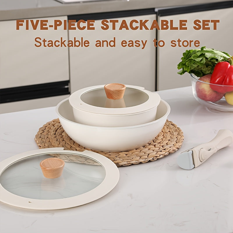 Cookware set featuring five pieces of non-stick aluminum pots and pans, complete with a removable handle and stackable design. Includes tempered glass lids for each piece, suitable for home use. Set includes a 20cm soup pot and a 26cm frying pan, both