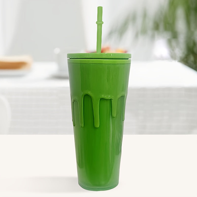 24oz Glow-in-the-Dark Reusable Tumbler with Lid & Straw, Double Wall Insulated BPA-Free Plastic, Vibrant Green for Cold Drinks, Gifts, Travel, and Recyclable.