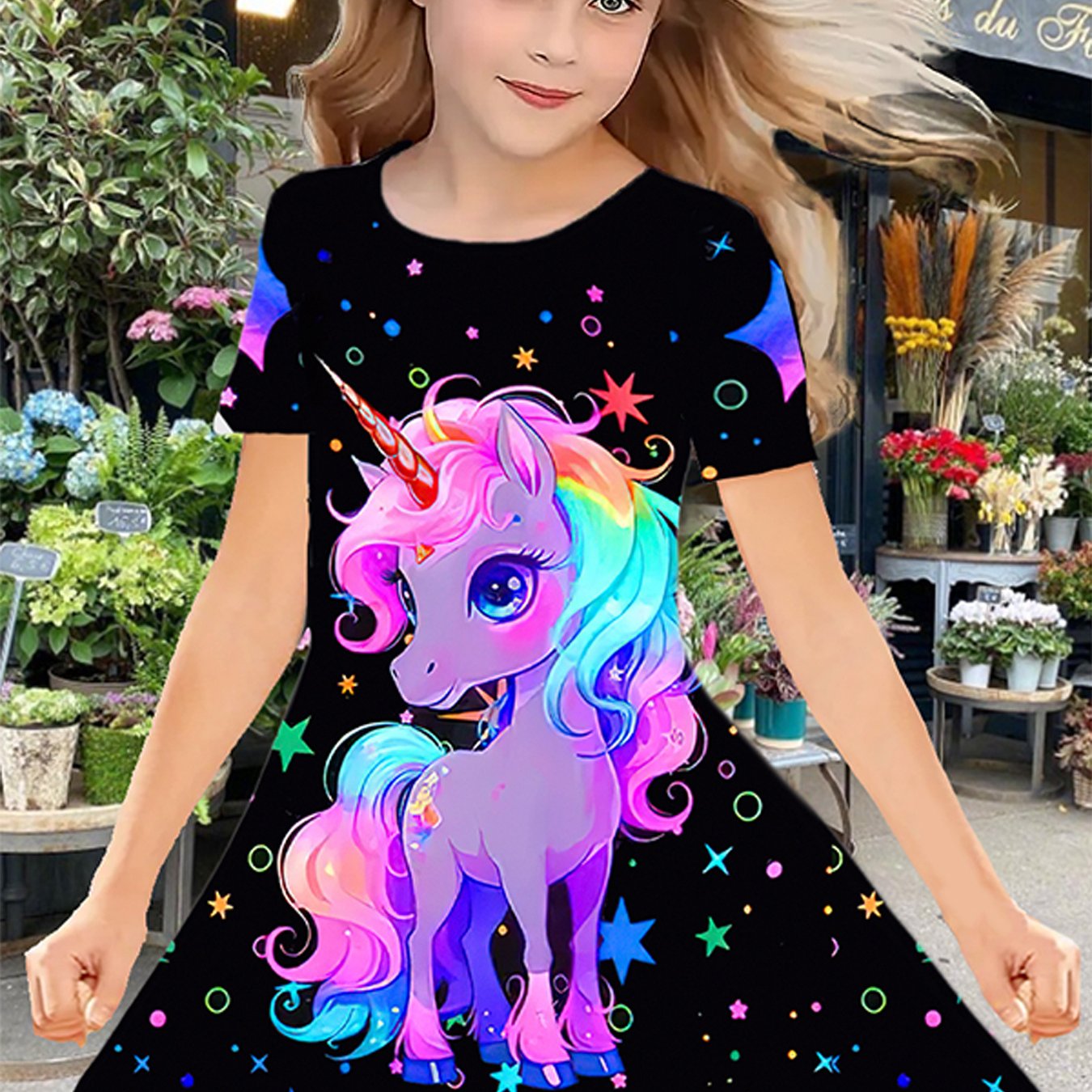 Adorable girls' dress with unicorn and star print, ideal for birthday parties and spring/summer events.