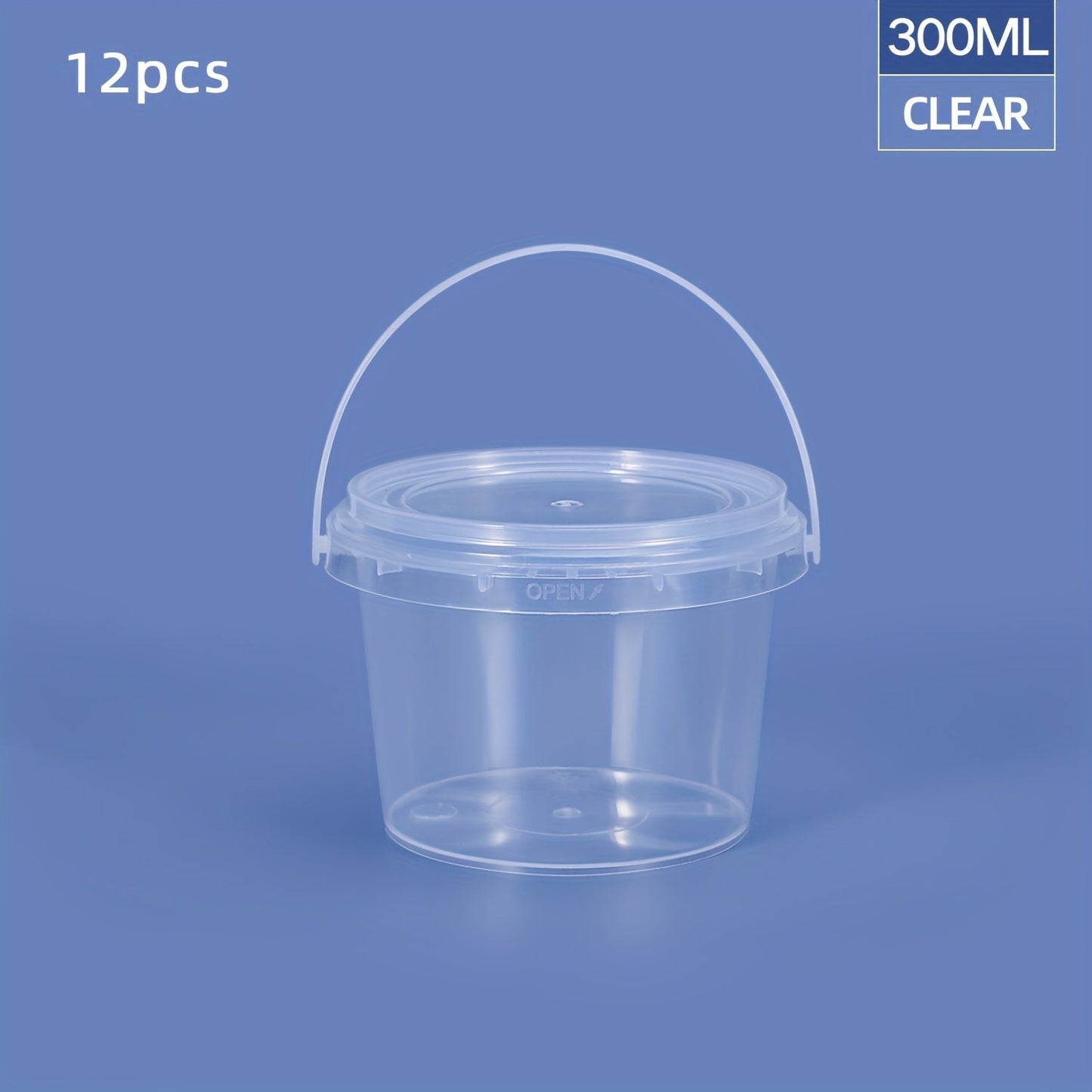 12-piece set of clear round PP Plastic Food Storage Containers with handles, ranging from 300ml to 1000ml in capacity. These containers are durable, resistant to high temperatures, odor-free, and safe for use in the microwave and freezer. They are also