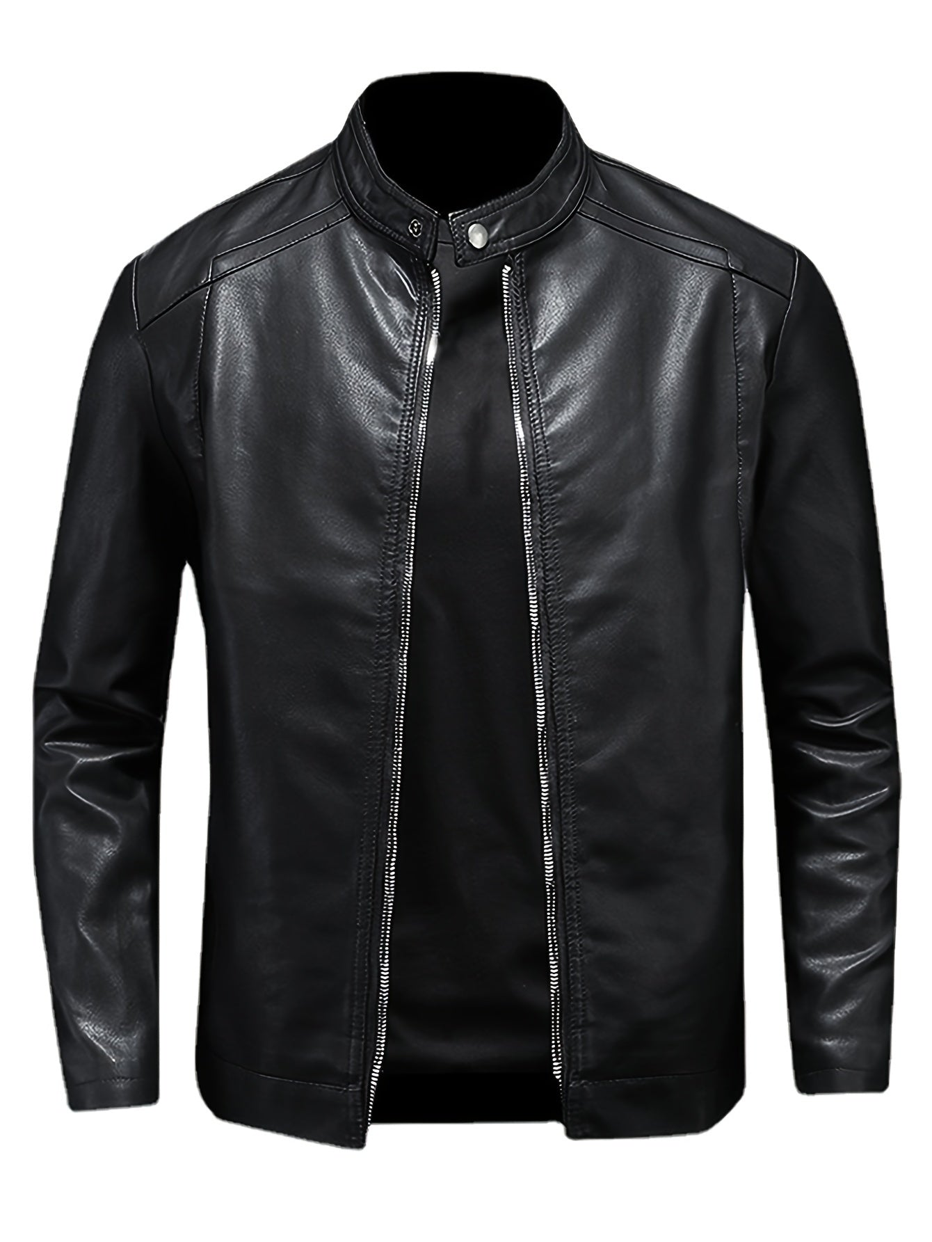 PU Leather Jacket for Men with Stand Collar and Zippered Pockets, Motorcycle Style