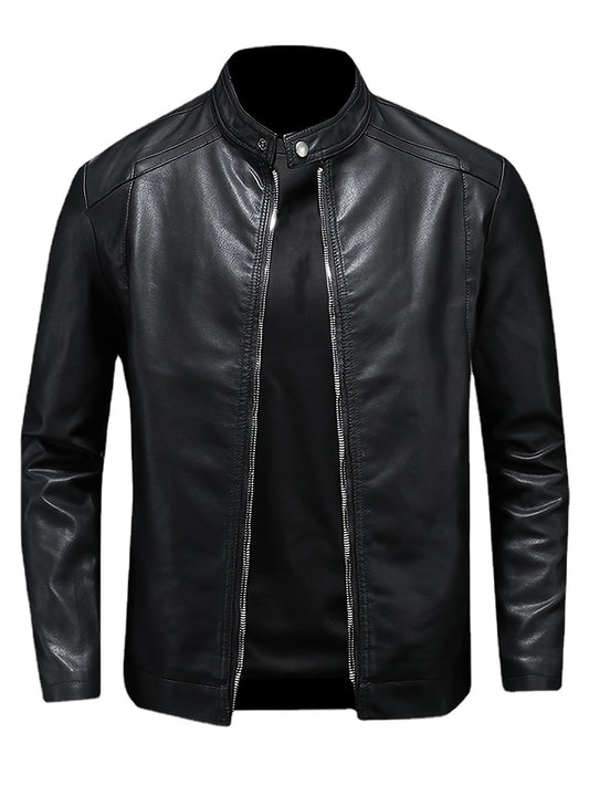 PU Leather Jacket for Men with Stand Collar and Zippered Pockets, Motorcycle Style