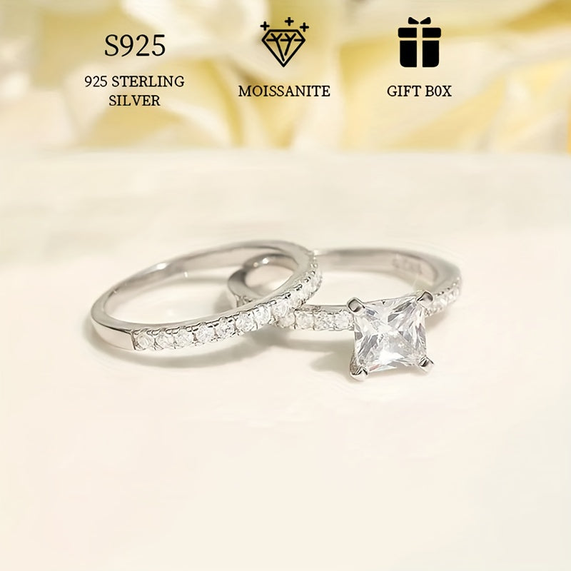 Two-piece set of hypoallergenic 925 sterling silver rings featuring a 1ct square moissanite stone, perfect for stacking. Ideal for proposal, engagement, or wedding band, this eternity ring makes a thoughtful gift for women. Comes with a gift box for easy