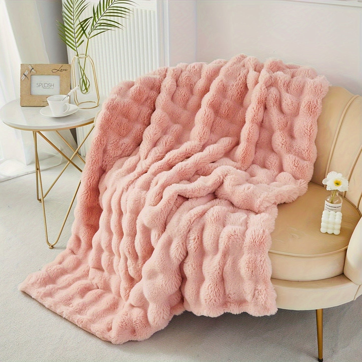 Get cozy with this versatile 1pc Double-sided Rabbit Fleece Blanket. Made with soft faux fur plush material, this solid color blanket is perfect for keeping warm on the couch, sofa, office, bed, camping, or travel. It also makes a great multi-purpose