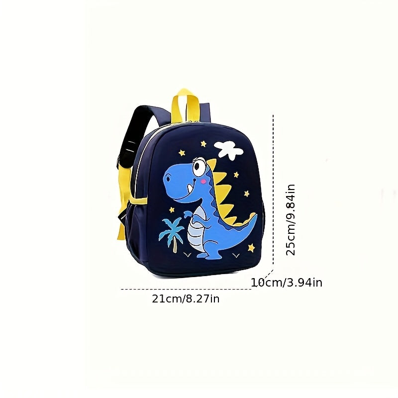 Kids' dinosaur backpack: durable, waterproof nylon with adjustable straps, machine washable, blue with yellow accents for school & outdoor activities