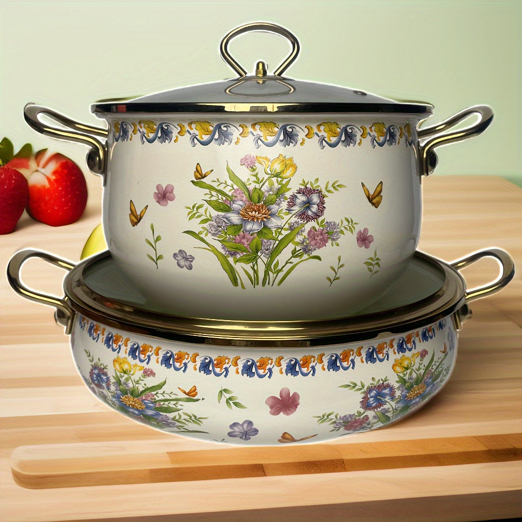 Large Capacity Enamel Stockpot with Lid Featuring Vintage Floral Design and Thickened Enamel Soup Pot with Dual Handles, Perfect for Home Cooking