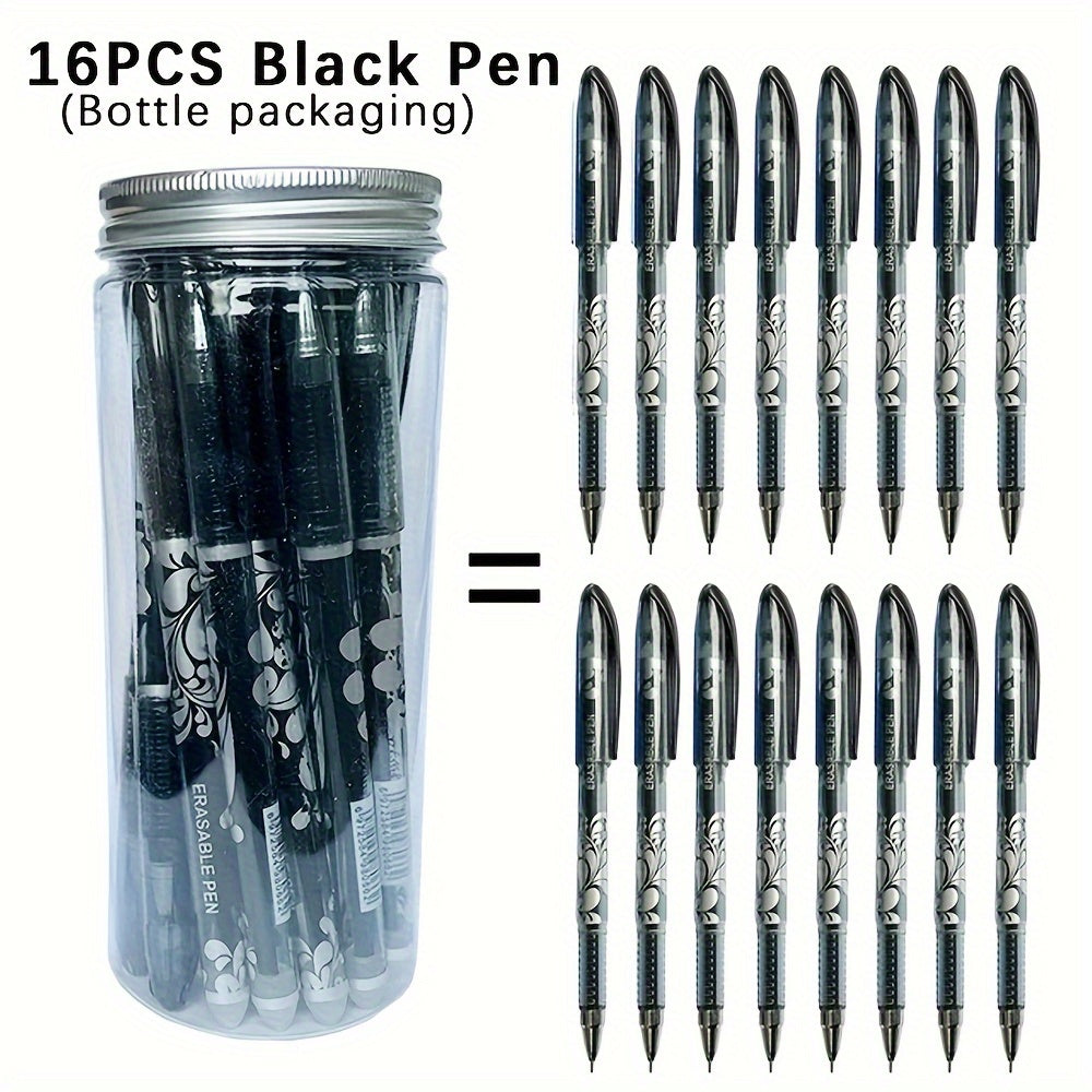 16 erasable gel pens with a 0.5mm tip in 6 colors, stored in a creative bottle for students and office use.