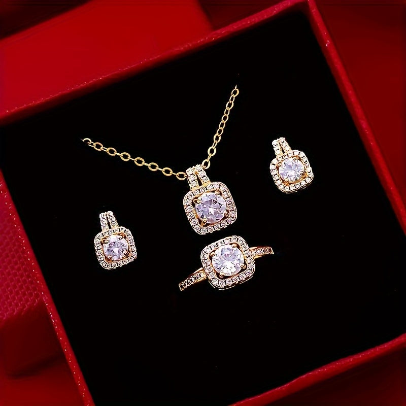 Golden Fashion Square Earrings Necklace Set (4pcs)