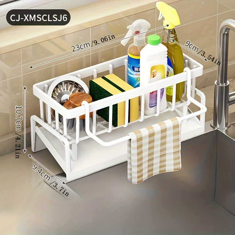 Get your hands on this plastic kitchen sink dish rack that also doubles as a multifunctional towel and sponge storage rack. Measuring at 23.01x11.99 cm, this home kitchen space-saving tidy rack is a must-have storage item for Halloween and Christmas