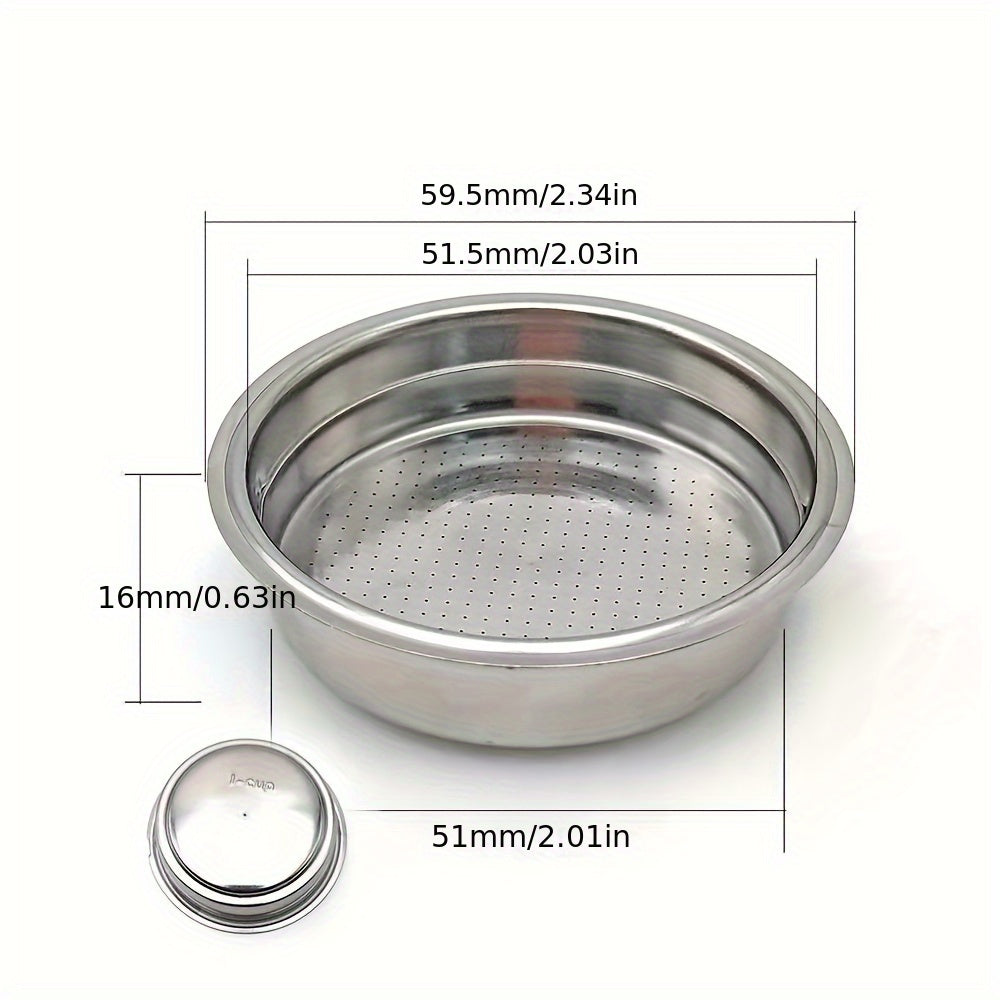 Set of reusable stainless steel coffee filters for espresso machines, includes 51mm non-pressurized basket for 1 cup, 2 cup, and 4 cup capacity.