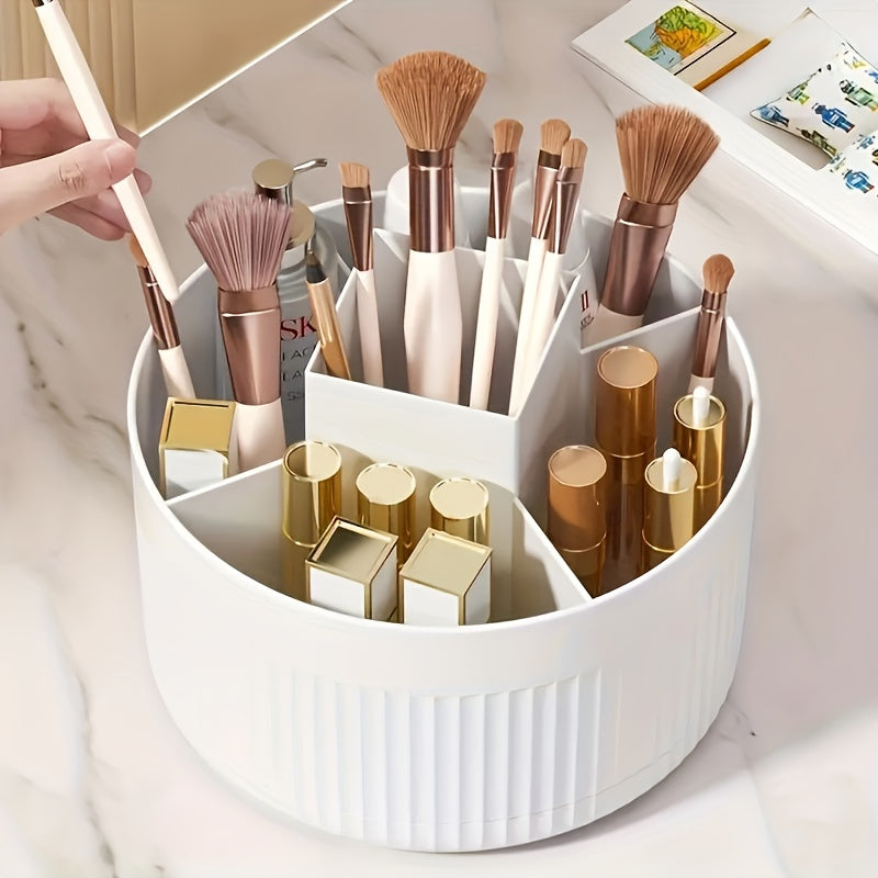 Rotating makeup organizer for versatile cosmetic storage, including pen holder. Ideal for vanity and desk organization.