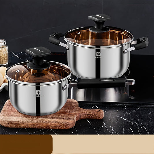 Stainless Steel Cookware Set - Includes 17.3cm Milk Pot and 21.59cm Soup Pot, Easy to Clean, Compatible with Gas Stove, Suitable for All Types of Stovetops