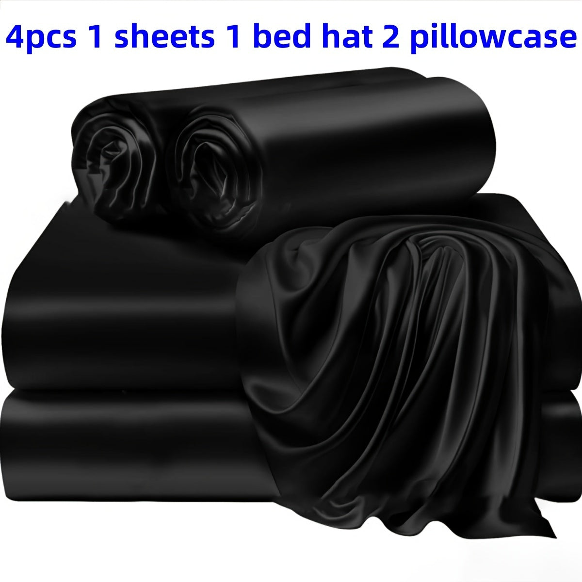 A set of three or four solid color bed sheets and bed skirts, along with half the number of pillowcases, all soft and silky.