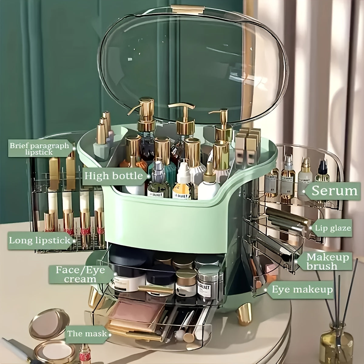 Cosmetic makeup organizer with drawers for vanity and bathroom storage.