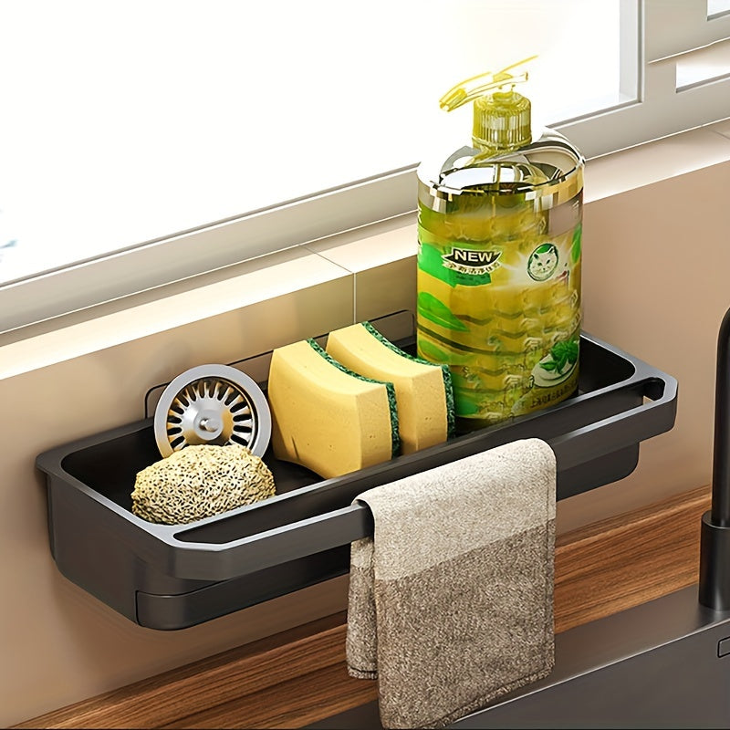 White Plastic Wall-Mounted Kitchen Sink Organizer with Towel Holder - Space-Saving Design for Sponges, Soap, and Cleaning Tools. Perfect for Home Kitchen Sink Accessories.