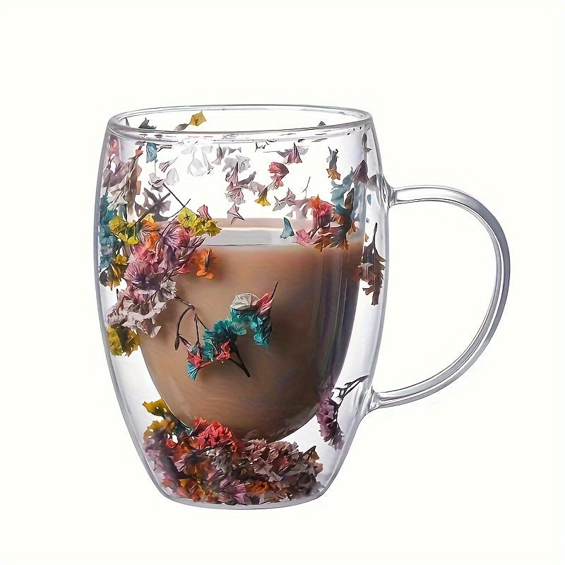 Vintage double-walled glass mug with dried flowers, ideal for coffee, whiskey, iced beverages, and more. Hand wash only. Reusable and recyclable. Elegant drinkware with handle.