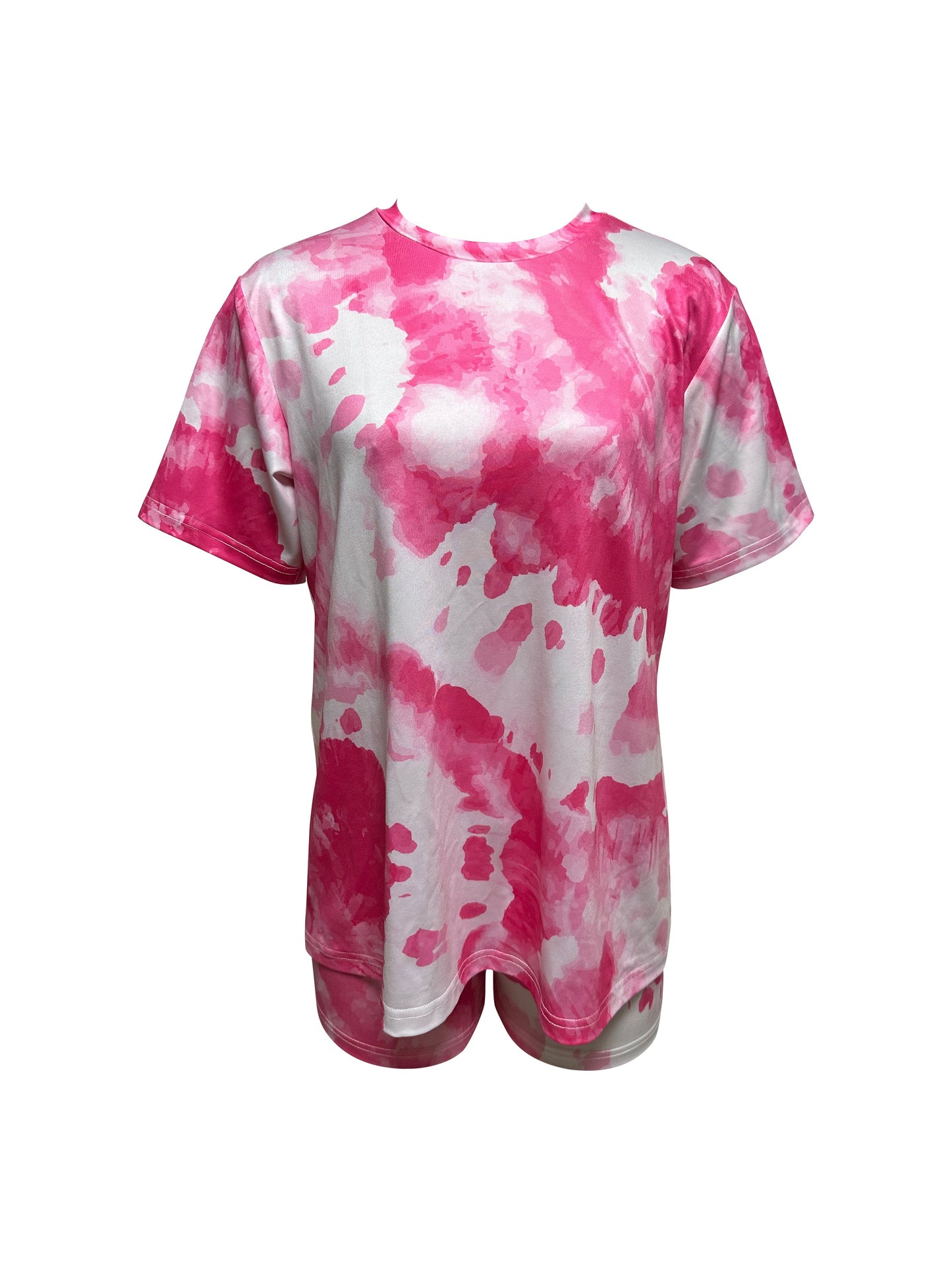 Women's casual tie dye lounge set with short sleeve crew neck top and shorts for loungewear and sleepwear.