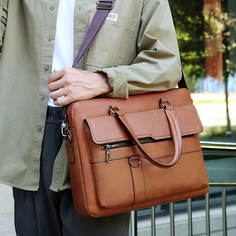 Vintage style coffee briefcase for men with adjustable strap, perfect for daily commute.