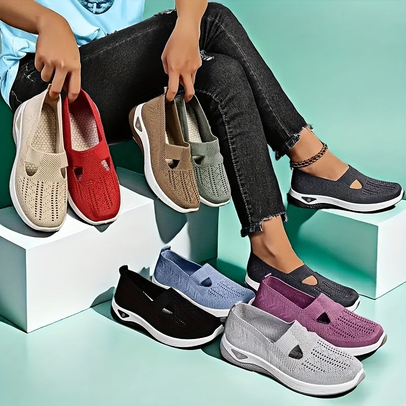 Lightweight and stylish knit sneakers for women in red, beige, green, blue, black, and purple. Features a cut-out design for breathability and a flexible sole for all-season wear.