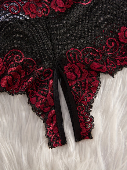 Floral lace panties with open crotch, mid-rise, and semi-sheer design, perfect for sexy lingerie.