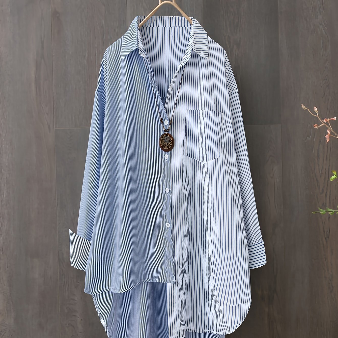 Button-up collar shirt with asymmetrical stripes, regular length, for plus size women in non-stretch fabric, suitable for all seasons.