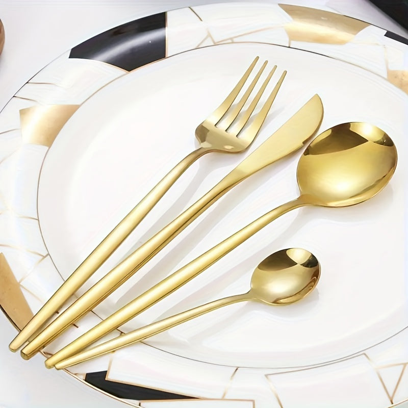 24-piece Golden Cutlery Set with steak knife, salad fork, table spoon, and dessert spoon. Mirror polished, durable, and dishwasher safe. Efficient and economical.