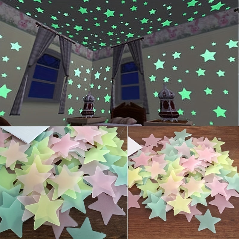 100 glow-in-the-dark star wall stickers with matte finish. Reusable and self-adhesive for fantasy themed rooms. Can be used on multiple surfaces.