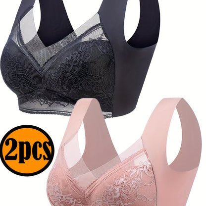 Solid Floral Lace Wireless Tank Bra with Full Coverage and Push Up for Women's Lingerie & Underwear