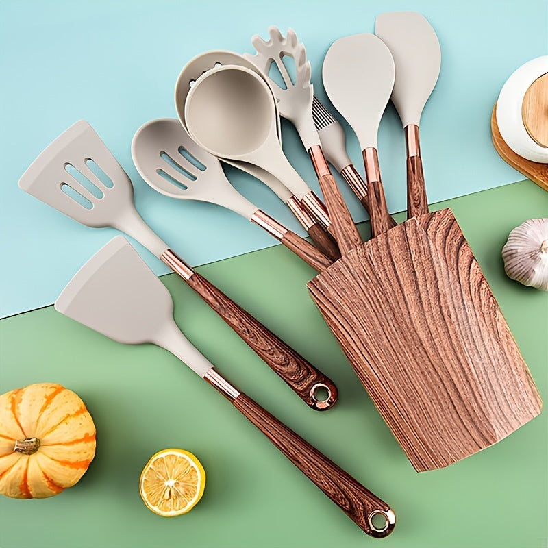 Durable Silicone Kitchen Utensils Set with Wooden Handles - Non-Stick Cookware Accessories Including Spatula, Spoon, Whisk, Ladle, Turner, and Stand. Heat-Resistant Cooking Tools for Home Kitchen Use