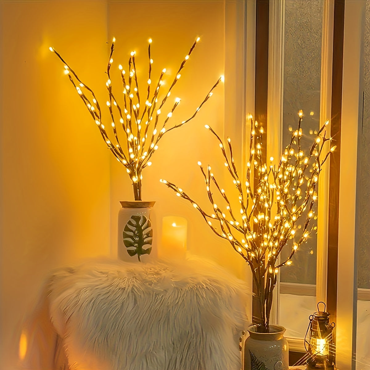 20 LED Branch Lights for indoor decoration, ideal for weddings, birthdays, and Christmas. Features a branch design. Requires 2 AA batteries (not included).