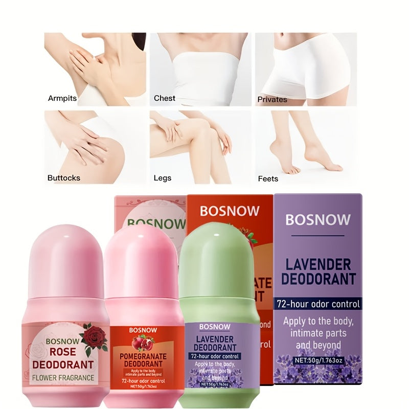 Set of 3 deodorants with Rose, Pomegranate, and Lavender. Made with plant ingredients for deep moisturizing and gentle care. Natural, lasting fragrance to say goodbye to odor. Experience a