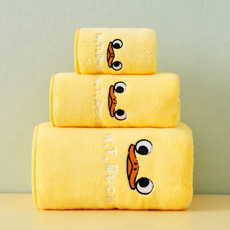 Yellow Duck Pattern Towel Set of 3: Soft, absorbent towels for bath and face, includes bath, hand, and square towels; ideal for bathroom use.