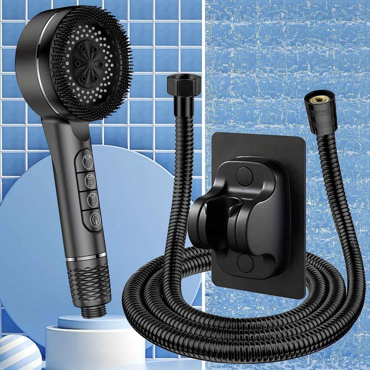 High-pressure handheld shower head with 5 modes, includes stainless steel hose and adjustable bracket, no batteries required.